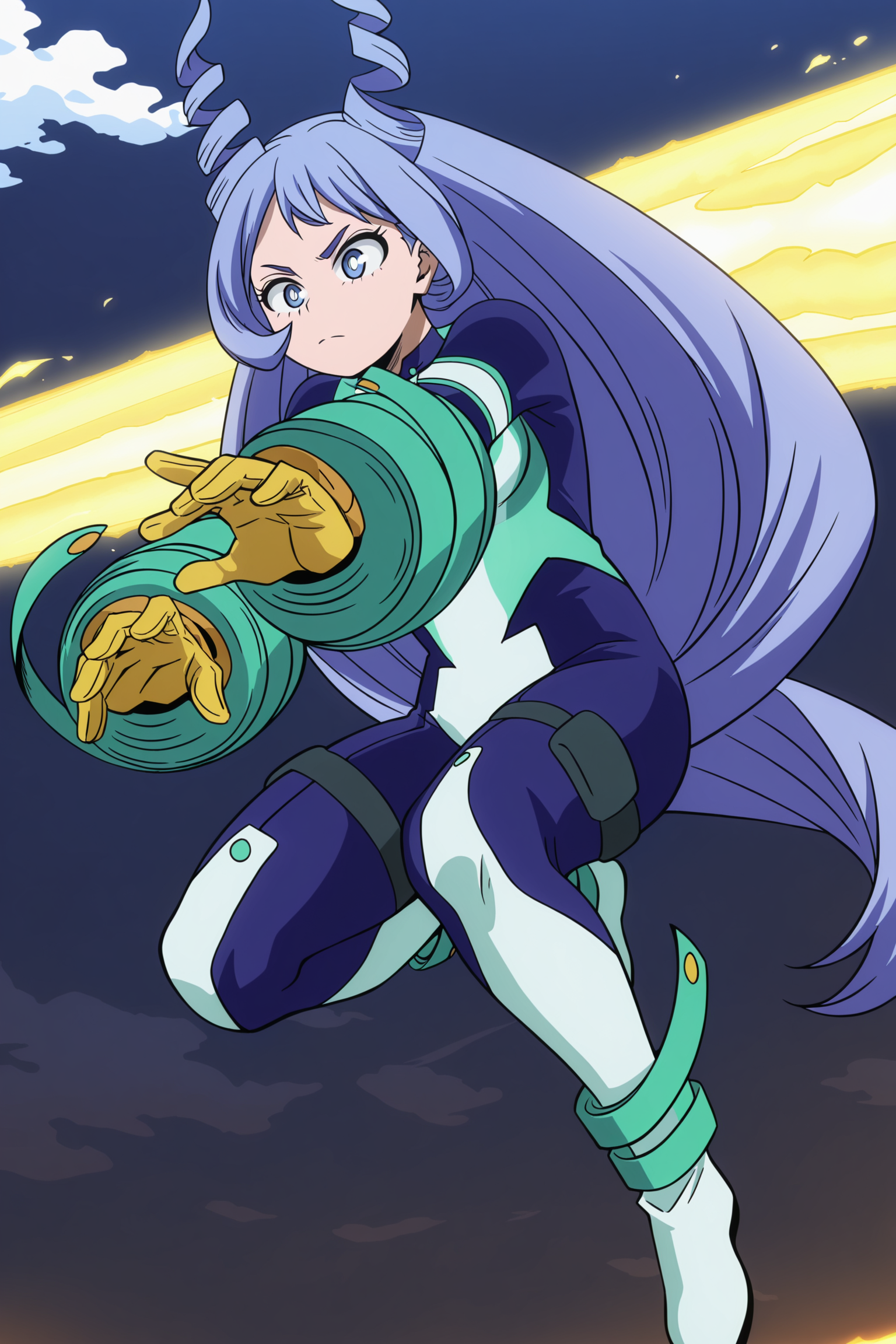 anime screencap, anime coloring, detailed face, masterpiece, best quality, very aesthetic, absurdres, volumetric lighting, official style, amazing quality, ultra detailed,  highres, amazing quality, scenery, beautiful detailed hair, beautiful detailed eyes, defined fingers,
 <lora:Nejire_Hado_My_Hero_Academia:1>
Nejire Chan (appearance), Nejire Hado (character), 1girl, hadou nejire, blue hair, blue eyes, long hair, solo, bodysuit, gloves, sky, drill hair, light blue hair, cloud, blue bodysuit, superhero, very long hair, action pose