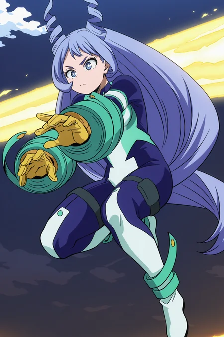 anime screencap, anime coloring, detailed face, masterpiece, best quality, very aesthetic, absurdres, volumetric lighting, official style, amazing quality, ultra detailed,  highres, amazing quality, scenery, beautiful detailed hair, beautiful detailed eyes, defined fingers,
 <lora:Nejire_Hado_My_Hero_Academia:1>
Nejire Chan (appearance), Nejire Hado (character), 1girl, hadou nejire, blue hair, blue eyes, long hair, solo, bodysuit, gloves, sky, drill hair, light blue hair, cloud, blue bodysuit, superhero, very long hair, action pose