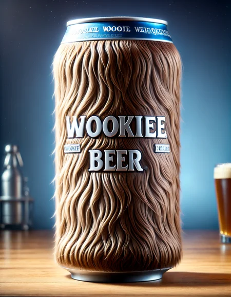 cinematic film still a photo of a beer can made of w00kiee, text "wookiee beer", raw photo . shallow depth of field, vignette, highly detailed, high budget, bokeh, cinemascope, moody, epic, gorgeous, film grain, grainy, food photography style appetizing, professional, culinary, high-resolution, commercial, highly detailed
