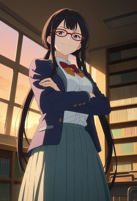 score_9, score_8_up, score_7_up, anime screencap, source_anime, 1girl, solo,
<lora:Koto_Tsukinoki_Makeine_V1:.85>, KJOkoto, black hair, purple eyes, long hair, low twintails, red glasses, 
school uniform, skirt, long sleeves, open jacket, 
crossed arms, smirk, from below, 
library, sunset, indoors, window, 
(Beautiful, medium Breasts:1.2),