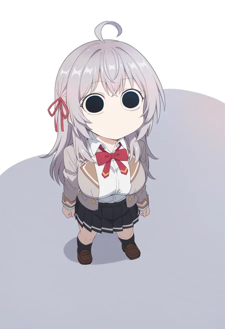 score_9, score_8_up, score_7_up, source_anime,
BREAK
<lora:alisa-mikhailovna-kujou-s1-ponyxl-lora-nochekaiser:1> alisa mikhailovna kujou, long hair, bangs, hair ribbon, ahoge, grey hair, red ribbon, large breasts,, skirt, shirt, long sleeves, bow, school uniform, jacket, white shirt, pleated skirt, collared shirt, bowtie, black skirt, red bow, red bowtie, blazer, grey blazer, long sleeves,
<lora:shiBoobShadowV3:0.95>,
1girl, solo, shingleshadowmeme, meme, wide-eyed, breast shadow, wide-eyed, solid circle eyes, no mouth, closed mouth, black eyes,
looking up, standing, full body,
simple background, white background, shadow, chibi, meme,