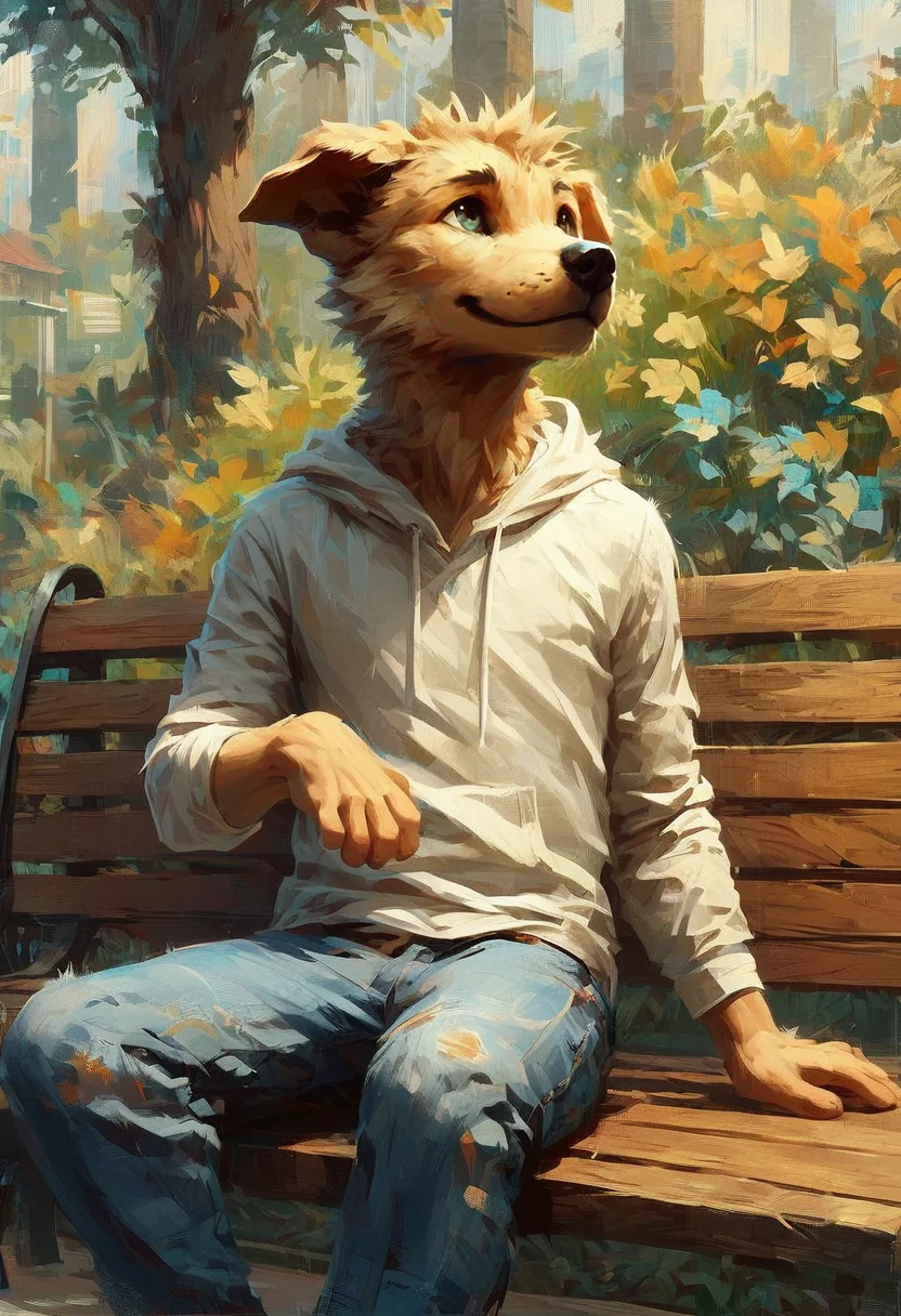 Masterpiece, score_9, score_8_up, young man, sitting on a park bench, wearing a hoodie and jeans, petting a golden retriever, friendly smile, rgtexture