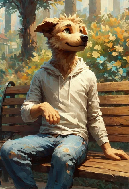 Masterpiece, score_9, score_8_up, young man, sitting on a park bench, wearing a hoodie and jeans, petting a golden retriever, friendly smile, rgtexture