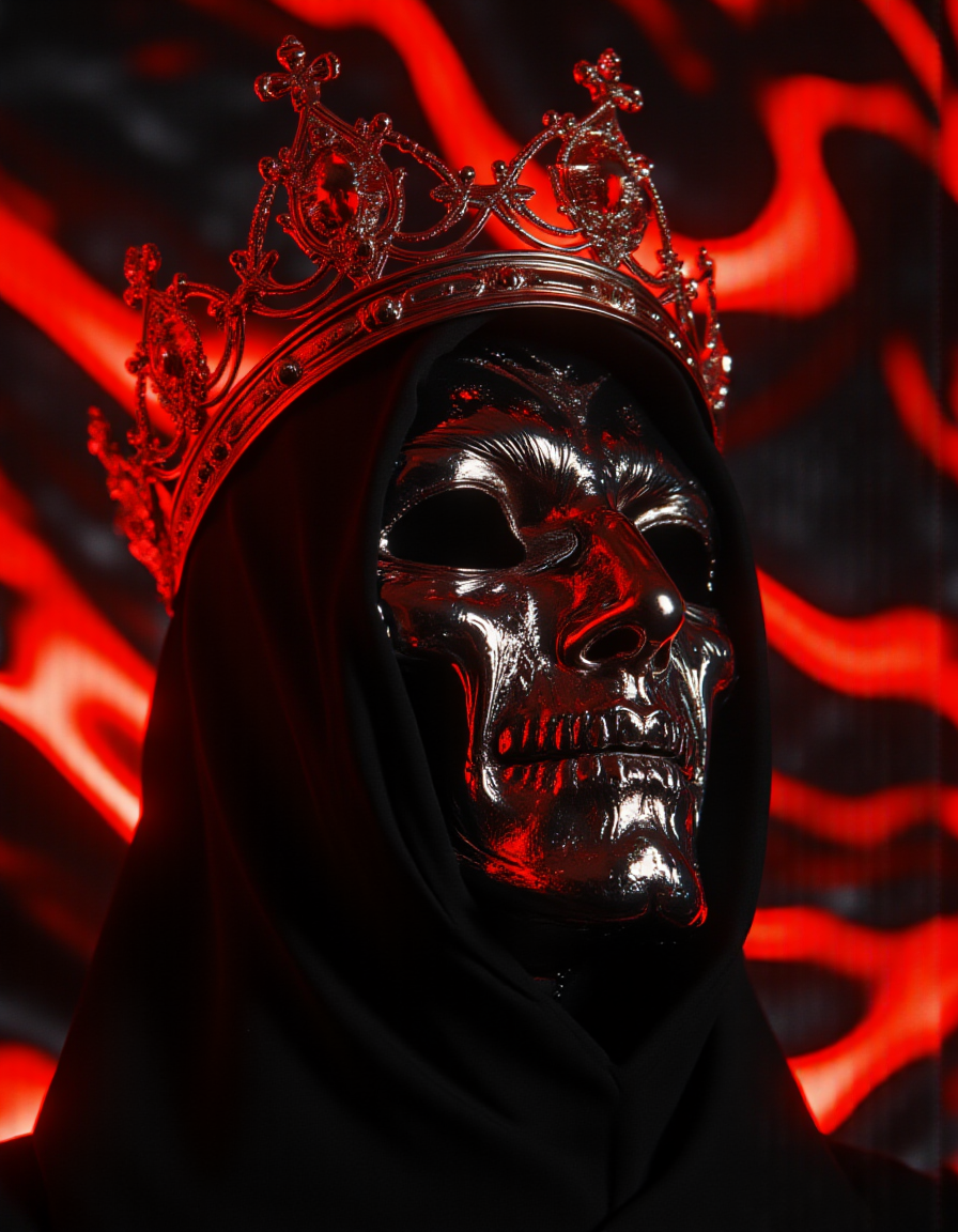a close up of a person wearing a crown, code vein, by Zhou Jichang, dark demonic dancer, anti-aliased, elden ring style, chrome red, majesty in noble clothes, father figure image, hallucinogen, nyarlathotep, black energy, emissive lighting, satanic carl sagan, floating on space, oktane render, artist rendition,simple chromatic xray, head and torso,evil glow,trending on artstation, gradient light red  ,<lora:aidmaMJ6.1_v0.5_3:0.8> aidmamj6.1 <lora:fluxetherealfeel:0.8> ,<lora:flux-blurlora:0.8>,blurlora,ethfeel