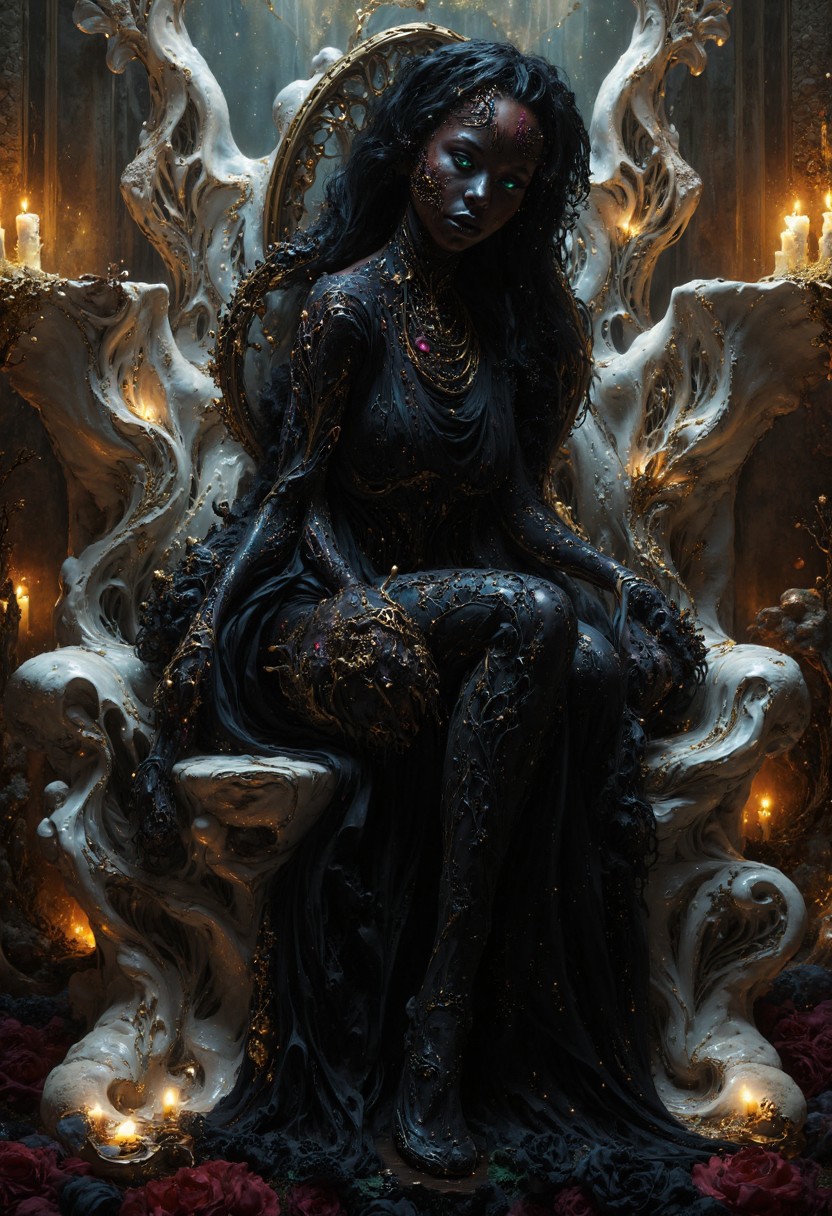 a gorgeous dark skinned vampire queen with short curly hair and green eyes sits upon her white marble throne showing her fangs decorated with gold engravings. Her beautiful almost translucent ebony skin shines in the soft glow of candle light, soft shadows dance across the marble walls decorated with angel motifs. Black roses adorn the throne room bringing a beautiful contrast to the white marble of the and the subtle red accents spread throughout the room, Large room clutter, gold engravings, diamond and platinum filigree, black roses, angelic motifs, biomechanical designs, by Giger, Tim Burton, Artgerm, hyperdetailed,