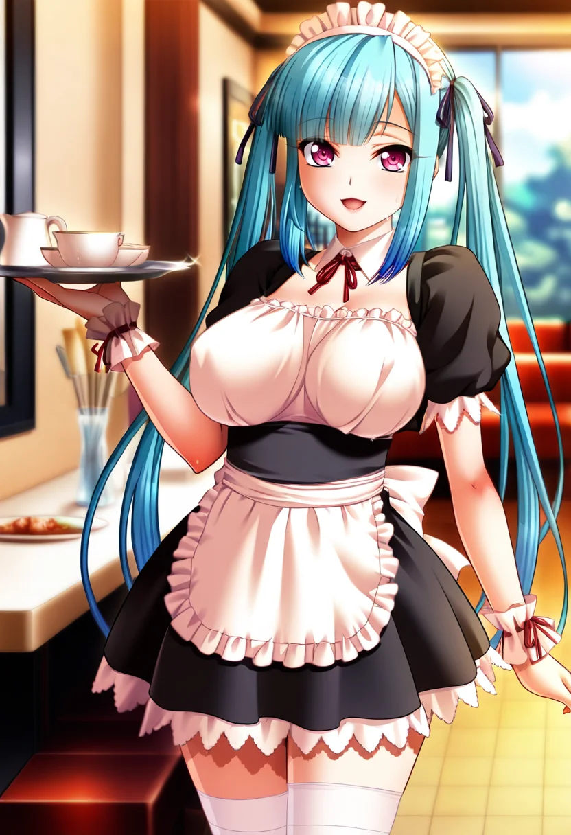 masterpiece, best quality, amazing quality,miyu takamine, pink eyes, blue hair, twintails, 1girl, solo,maid, long hair, white thighhighs, maid headdress,breasts,wrist cuffs, apron,open mouth, light smile, holding plate, arm at side, standing, looking at viewer, cowboy shot, indoors, restaurant, blurry background <lora:miyu takamineV1:1>