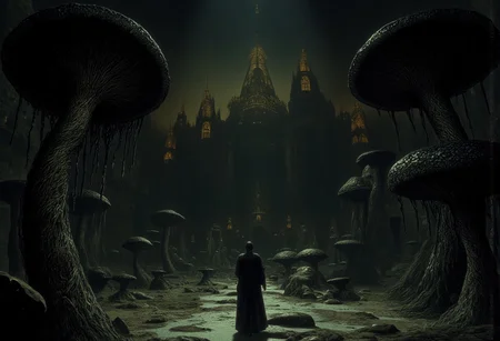 MikeFranchinastyle, d4artstyle, d4concept, , bbstyle,, horror theme,, zbrush, ZBClay model of a gray sculpture, 1990's, 1990's style
A nightmare landscape featuring an enchanted forest filled with massive, oversized black wet mushrooms with stems dripping saliva sparkling in dark shadows. The forest floor is covered in rocks and soft moss. moonlight filters through a gentle mist, casting cold golden beams across the scene. 
Set against a solid dark black color background to emphasize its unsettling unnatural form that emphasizes its silhouette. The medium is not a traditional painting or illustrative medium like watercolor or ink but rather a digital 3D rendering.
