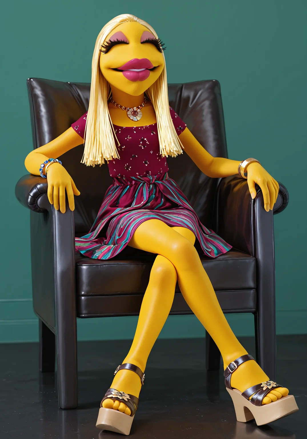 absurdres, 8k, high resolution, masterpiece, best quality, absolutely fantastic art, amazing quality, very aesthetic, <lora:Janice_-_The_Muppets>, janice, 1girl, solo, long hair, skirt, blonde hair, dress, jewelry, full body, pantyhose,necklace, high heels, bracelet, dark-skinned female, makeup, sandals, lipstick, platform footwear,yellow skin, platform heels, legs crossed, chair