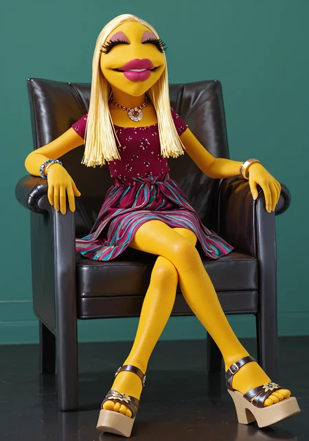 absurdres, 8k, high resolution, masterpiece, best quality, absolutely fantastic art, amazing quality, very aesthetic, <lora:Janice_-_The_Muppets>, janice, 1girl, solo, long hair, skirt, blonde hair, dress, jewelry, full body, pantyhose,necklace, high heels, bracelet, dark-skinned female, makeup, sandals, lipstick, platform footwear,yellow skin, platform heels, legs crossed, chair