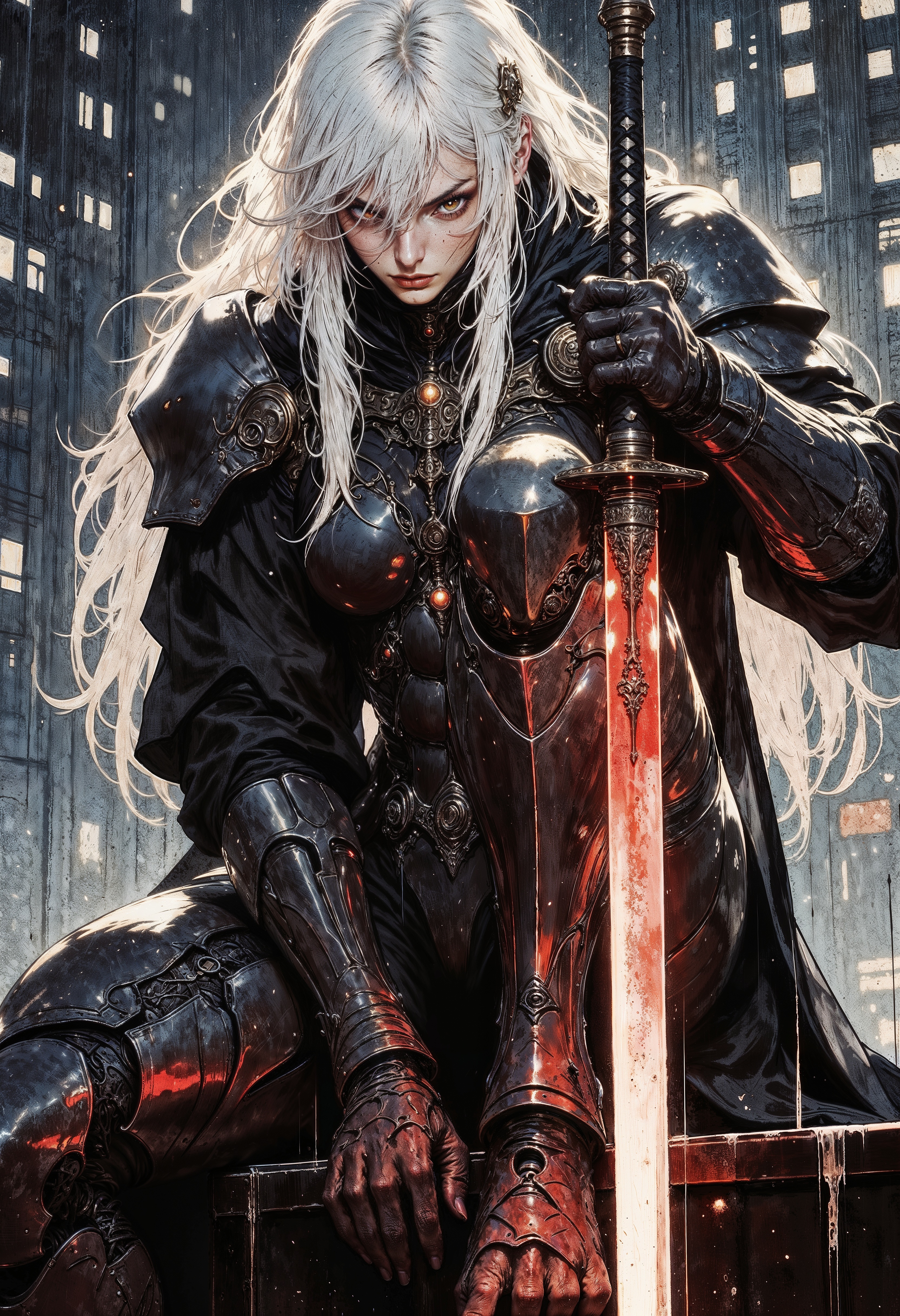 a futuristic, cyberpunk style. It depicts a humanoid figure with long, flowing white hair, crouched on a rain-soaked rooftop in a cityscape. The figure is clad in a sleek, black, armored suit with intricate mechanical details, giving a robotic appearance. The eyes are glowing red, adding an intense, menacing look. The character holds a katana with a glowing red blade, suggesting a high-tech weapon. The background shows a blurred city skyline with illuminated windows, enhancing the night-time setting. The rain is depicted with fine lines, adding a dynamic and atmospheric element to the scene. The overall color palette is dark, with shades of black, grey, and red dominating the composition, creating a dramatic and intense visual impact.