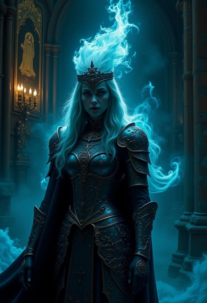 Cinematic style, 
(in gainax style:1.4), (masterpiece, sharp focus:1.2), BREAK (A female spectral knight emerging from the ruins of an ancient cathedral, their armor glowing with ghostly blue flames, depicted in a style with low-key lighting, ethereal glow, decayed stone textures:1.1), BREAK (A vivid gold-painted icon of a saint on an intact section of a wall, illuminated by the faint flickering of spectral lights, set against the backdrop of a crumbling cathedral:1.4), (art by Gainax:1.4), (elaborately detailed attire with extraordinary elements and headdress:1.1), (hyperdetailed:1.1), (intricate details:1.0), (Refined details:1.1), (best quality:1.1), (high resolution:1.2), (very stylish detailed medieval haircut, mesmerizing detailed radiant face, mesmerizing detailed beautiful eyes:1.2)