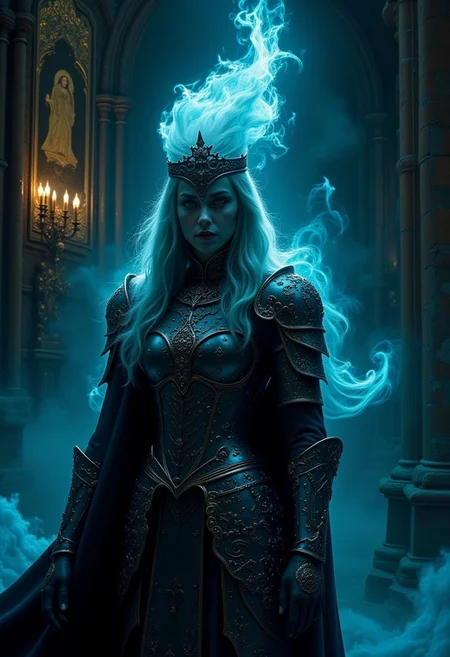 Cinematic style, 
(in gainax style:1.4), (masterpiece, sharp focus:1.2), BREAK (A female spectral knight emerging from the ruins of an ancient cathedral, their armor glowing with ghostly blue flames, depicted in a style with low-key lighting, ethereal glow, decayed stone textures:1.1), BREAK (A vivid gold-painted icon of a saint on an intact section of a wall, illuminated by the faint flickering of spectral lights, set against the backdrop of a crumbling cathedral:1.4), (art by Gainax:1.4), (elaborately detailed attire with extraordinary elements and headdress:1.1), (hyperdetailed:1.1), (intricate details:1.0), (Refined details:1.1), (best quality:1.1), (high resolution:1.2), (very stylish detailed medieval haircut, mesmerizing detailed radiant face, mesmerizing detailed beautiful eyes:1.2)