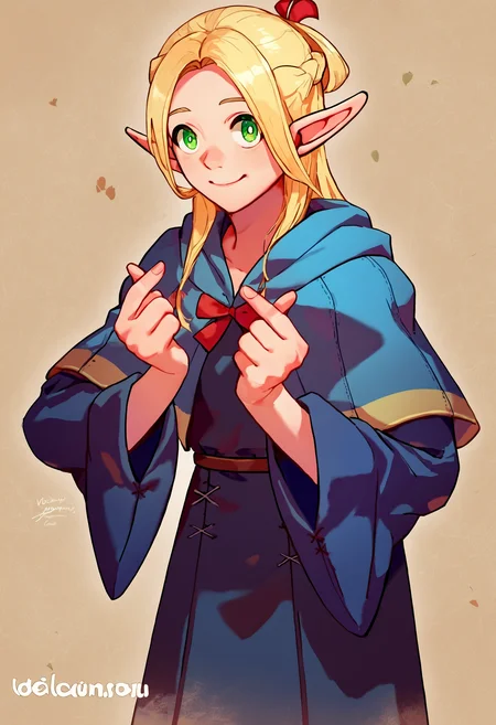 score_9_up score_8_up score_7_up, source_anime, 1girl, double finger heart, smile
BREAK
ellicrampnxl, marcille donato, pointy ears, elf, capelet, elf, dress, robe
<lora:finger_heart_korean:1>
<lora:others_dungeon_meshi_marcille:1>