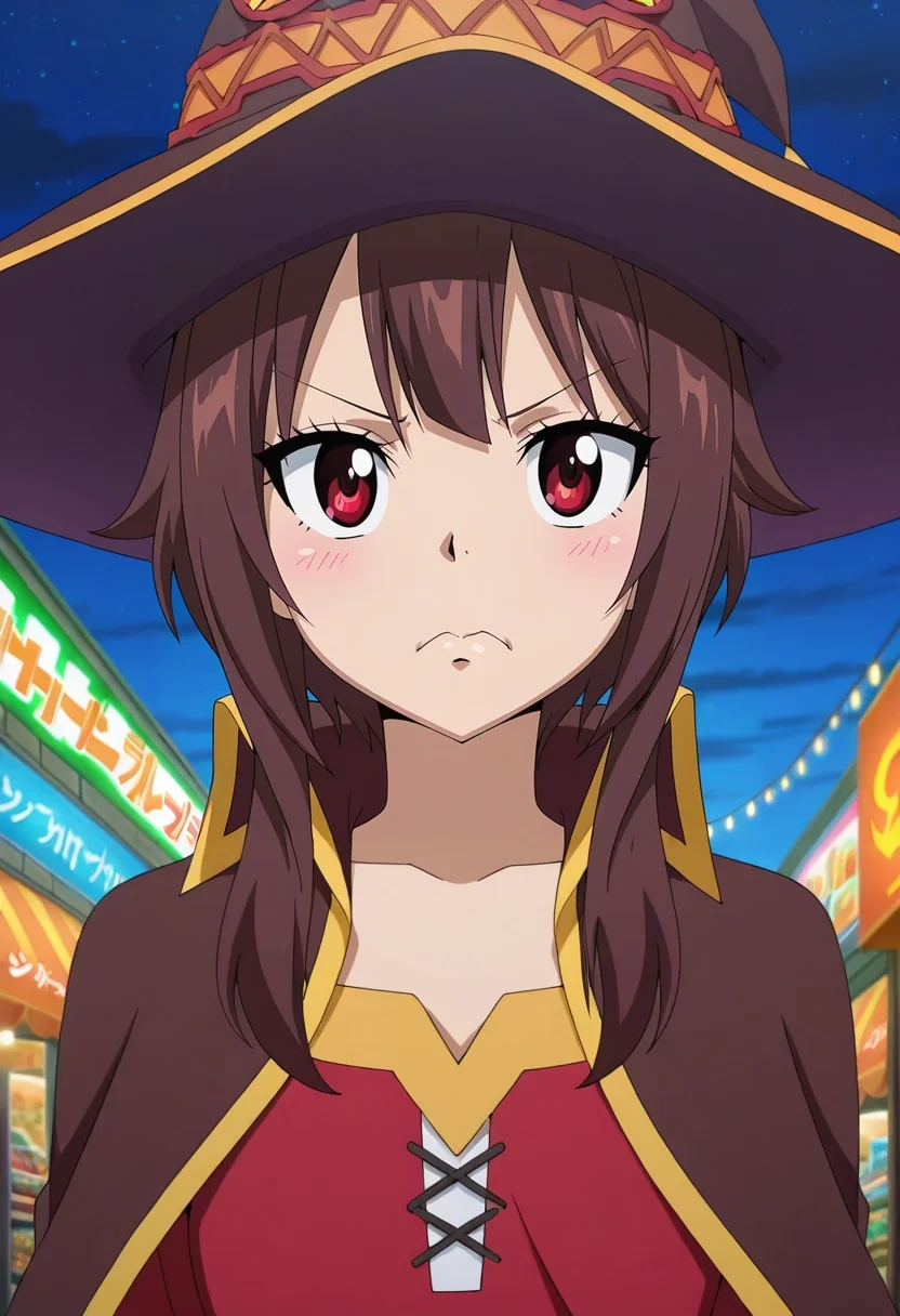 masterpiece, best quality, anime screencap, anime coloring, official style, intricate details, , 1girl, megumin, brown hair, red eyes, witch hat, solo, urban marketplace, vibrant stalls, glowing string lights, bustling shoppers, buying pose, animated expression, dusk, <lora:fairy_tail_style_ilxl:1>, fairy_tail_style,