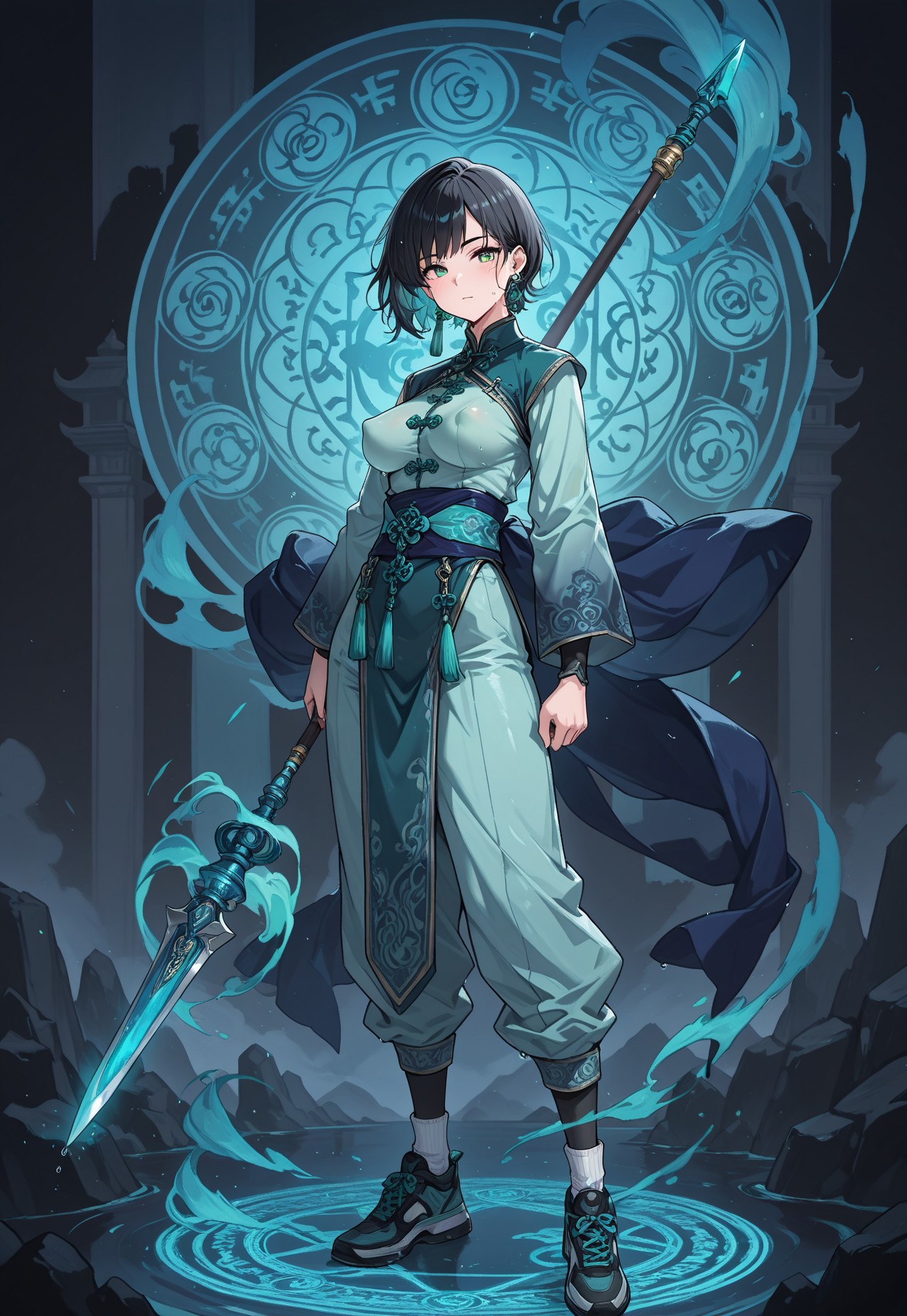 very aesthetic, high resolution, high quality, amazing quality, detailed, masterpiece, absurdres, score_9, score_8_up, score_7_up, epic background, blue dragon, (natural lighting, scenery), BREAK BREAK, (1girl, solo), woman, mature female, tagatamezhu, zhu_black hair, zhu_green eyes, short hair, single earring, vivid eye color, (beautiful eyes:1.2), (gradient iris, crisp iris edges), (looking_at_viewer), (tangzhuang, sash, tassel, accessories, pants, socks, shoes, magic, wind magic, green wind, wind flowing near body, green magic circle, magic, spear, huge weapon, holding spear), lean body, medium chest, (perky_breasts:1.2), medium breasts, fit body proportion, sweaty, wet sweat, wet body, wet hair, standing pose, fighting stance, half-body portrait,  BREAK, 