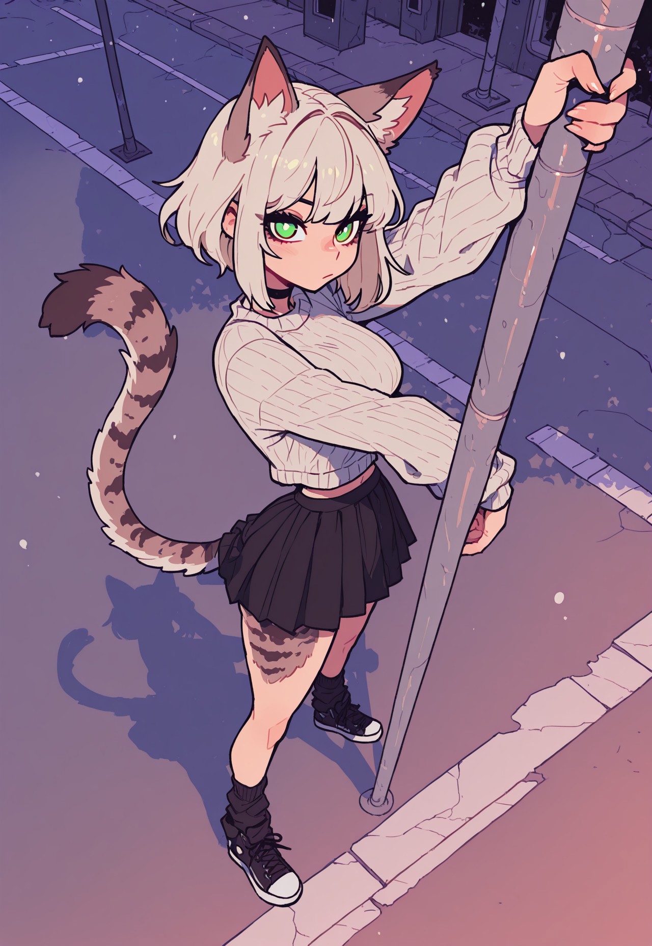 score_9, score_8_up, score_7_up, masterpiece, best quality, very aesthetic, 1woman, incoth, (incase:0.6), detailed face, (dynamic:1), catgirl, platinum blonde, green eyes, white pupils, comfy outfit, sweater, skirt, innocent, poledancing, poledance, pushed against pole, grinding streetlamp, stripper pose, street, streetlamp, animal ears, tail, spotted fur, Flatline, Flat vector illustration, perspective, sexual pose