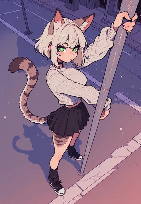 score_9, score_8_up, score_7_up, masterpiece, best quality, very aesthetic, 1woman, incoth, (incase:0.6), detailed face, (dynamic:1), catgirl, platinum blonde, green eyes, white pupils, comfy outfit, sweater, skirt, innocent, poledancing, poledance, pushed against pole, grinding streetlamp, stripper pose, street, streetlamp, animal ears, tail, spotted fur, Flatline, Flat vector illustration, perspective, sexual pose