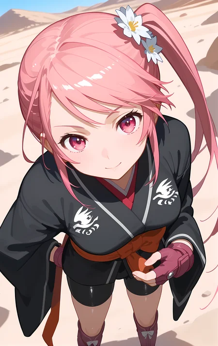 (score_9, score_8_up, score_7_up), standing, leaning forward, looking at viewer, light smile, closed mouth, shiny skin, tight clothes,
ohwx, 1girl, solo, side_ponytail, pink_hair, pink_eyes, bow, long_hair, hair_flower, flower,
japanese_clothes, fingerless_gloves, gloves, kimono, black_kimono, bike_shorts, boots,
desert,
cowboy shot, dutch angle, close-up,
<lora:benitsubasa_pony_ss:1>