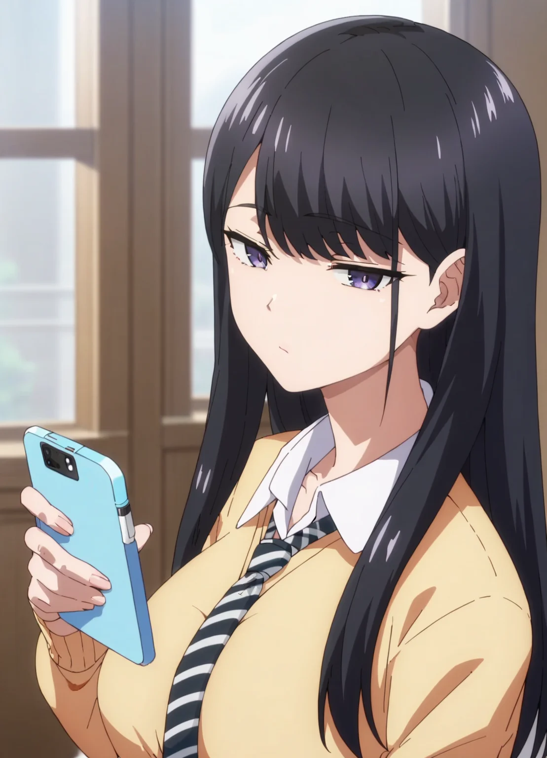score_9, score_8_up, score_7_up,source_anime,uncensored,anime screencap, anime,
<lora:Amakami Honpo:0.8>,
Amakami Honpo, 1girl, large breasts,black hair,necktie, solo, long hair, school uniform, purple eyes, looking at viewer, phone, holding, cellphone, bangs