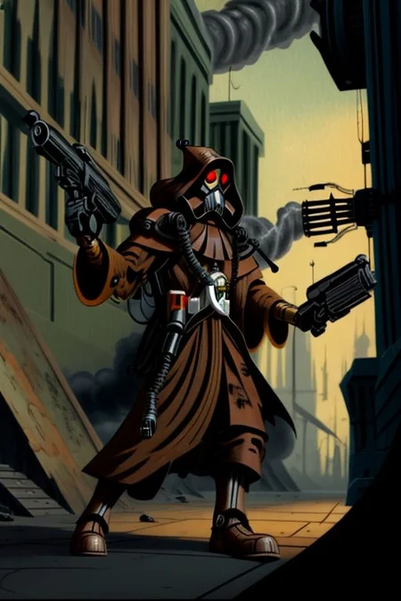 ((masterpiece,best quality)), absurdres, BREAK
mechanical arms, robes, hood, BREAK
((techpriest)), cyborg, mechanical face, mechanical limbs, gas mask, mechanical tentacles, (mechanical backpack), BREAK
1other, solo, holding pistol, firearm, handgun, pistol, gun, BREAK
factory background, smoggy sky, air pollution, smokestacks, BREAK
(tcw2003 style)