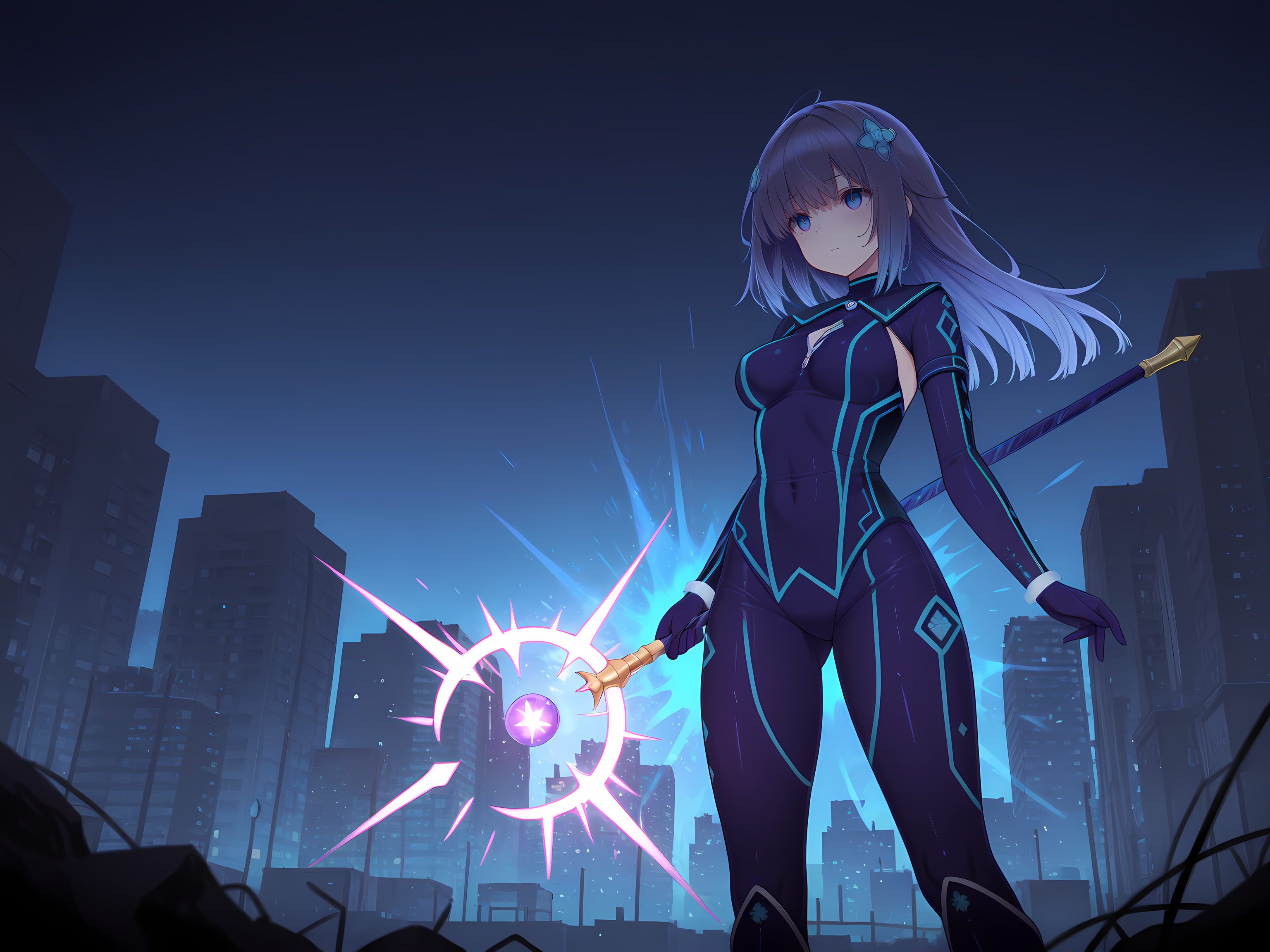 1girl,serenoxia,sps outfit,long hair,medium breasts,outdoors,<lora:Celesphonia_and_Selenoxia:0.8>,cityscape,Epic battle scene,(radiant energy:1.3) emanating from her (enchanted staff:1.4),confronting (dark creatures:1.2) in a (fantastical landscape:1.1). Highlight (intense action:1.3),(vibrant colors:1.2),and (dynamic poses:1.4),, masterpiece,best quality,amazing quality,