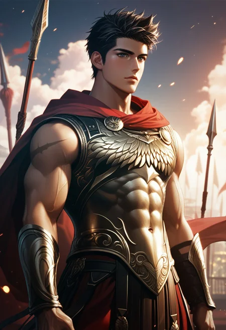 song_taewon standing on training ground, 1boy, solo, black hair, short hair, black eyes, sideburn, bara, muscular male, bare abs, scar, Spartan armor, red cloak, spear, training ground, score_9, score_8_up, score_7_up, detailed background