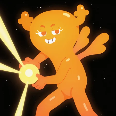 8k, uncensored, masterpiece, best quality, highly detailed, realistic, 1girl, solo, PenFGB, female humanoid, fairy, antlers, orange eyebrows, white eyelashes, dark-orange eyes, yellow skin, multicolored skin, small wings, closed mouth, (looking at viewer, flying, space, stars, black background, detailed background, three-quarter portrait, feet out of frame(, ((5 fingers, kamehameha, energy ball, aura, glowing energy, energy beams)), (front view), narrowed eyes, smile, (teeth), (((featureless crotch)))