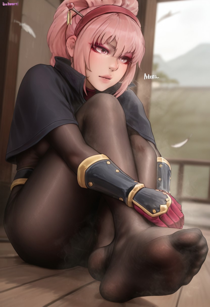 bubmoni,  outdoors, undershirt, falling feathers, black bodysuit, hair stick, hugging own legs, , gauntlets,   eyeshadow,   red gloves,  high ponytail,  , black capelet, red hairband, pink eyes, 1girl, solo, feet, visible breath,   dynamic angle, foreshortening, smell, steam,