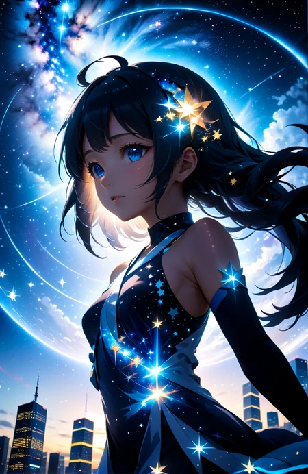 Japanese anime  (8K, HDR, animation, real) a girl Starry intertwined cityscapeðï¸â¨, Starlight illumination and silhouette lightð ð¡, Stardust silver and deep sky blueðð, Peaceful and powerfulððª, Full-body portraits, fusion of human and cosmic elementsð¼ï¸ð¤ <lora:anime_sdxl_v2:0.6> <lora:xl_more_art-full_v1:0.3>
and  <lora:shadow-XL:0.7> ladyshadow