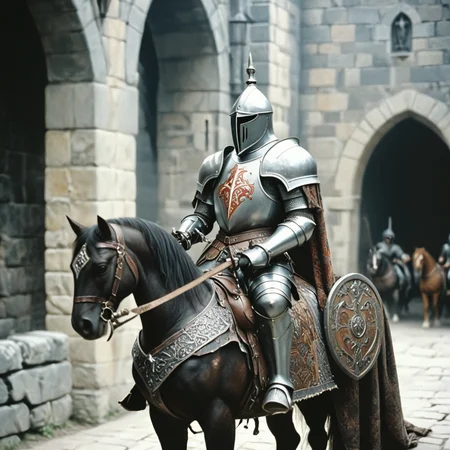 <lora:80sFantasyMovieSDXL2:1> ArsMovieStill, 80s Fantasy Movie Still, The image shows a knight on horseback in a medieval setting. The knight is wearing a full suit of armor with intricate designs and patterns. He is holding a sword in his right hand and a shield in his left hand. The horse is a dark brown color with a white mane and tail. The background is a stone archway with a lamp hanging from it. The overall mood of the image is dark and ominous., armor, ambiguous gender, horse, helmet, 1other, weapon, breastplate, blurry, cape, sword