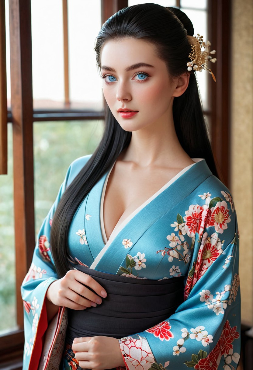 embedding:urn:air:sd1:embedding:civitai:222256@250708,  score_9, score_8_up, score_7_up, rating_explicit, MythAn1m3, 4k, masterpiece, highly detailed, 18yo, girl, Blue eyes. small perfecteyes , no makeup. Clear skin.  realistic skin style, Long dark black slick back hair. No makeup. Cheerful morning , bright sun light. fancy hair style, decorated hair style, sexy, extremely beautiful, stunning beauty, striking beauty, beautiful face, Japanese girl, perfect anatomy, (aristocracy, geisha, beautiful kimono),(cleavage:1.5, huge breasts), bursting breasts, smooth skin, seductive, tea house, Slight smile, tilting head. Tilt head. Looking at viewer. (full body:1.5).