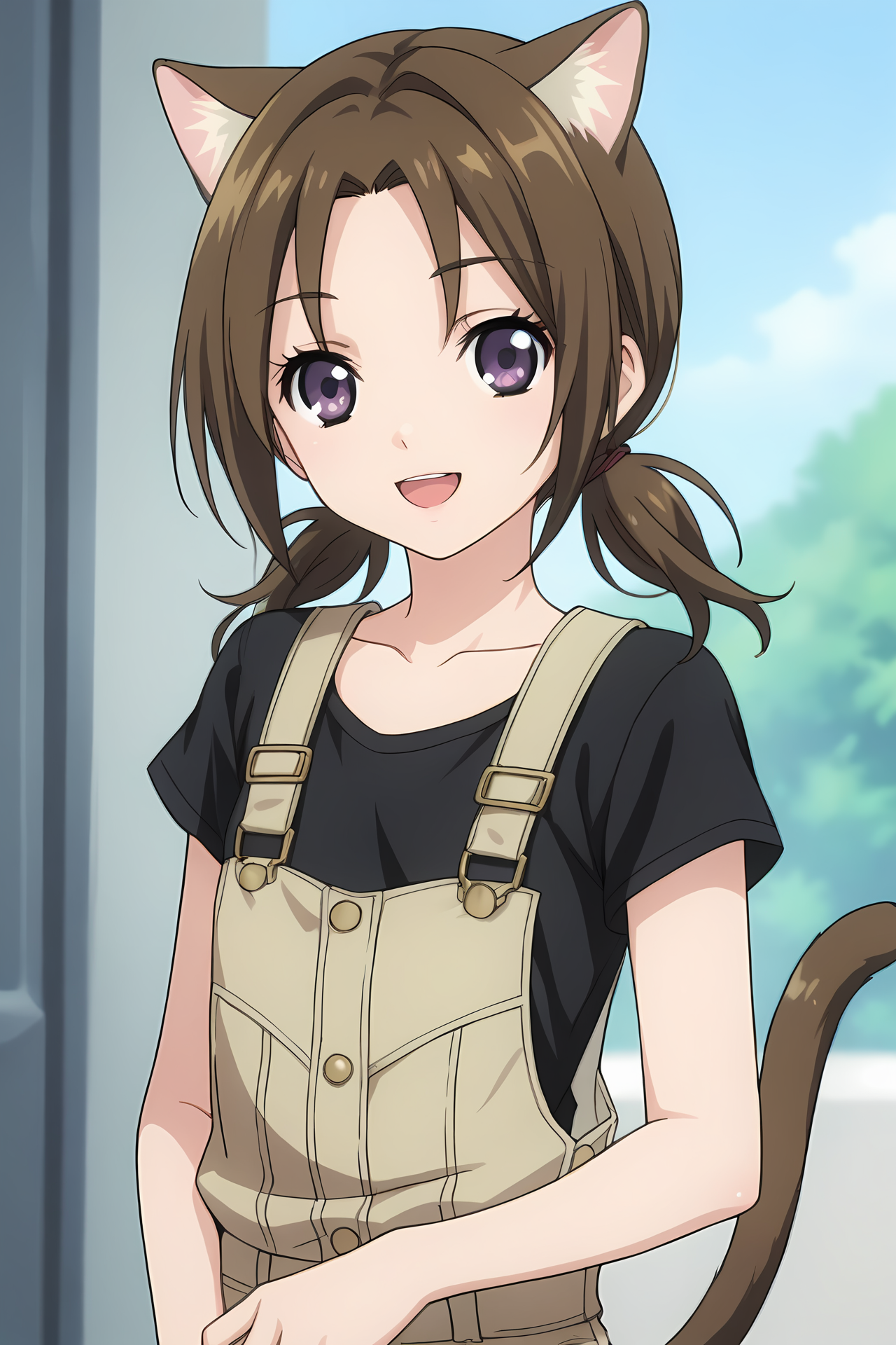 (short overalls black shirt:1.50), cpc-ichika, brown hair, short hair, low twintails, parted bangs, purple eyes,
1girl, solo, skinny, (source_anime, score_9, score_8_up, score_8, score_7_up), score_7, score_6_up, score_6, score_5_up, score_5, 
(happy:1.30),
(space:0.60),
(close-up:1.40), (:1.10),
cat ears cat tail, 
small breasts
<lora:cpc-ichika-V02:0.60>