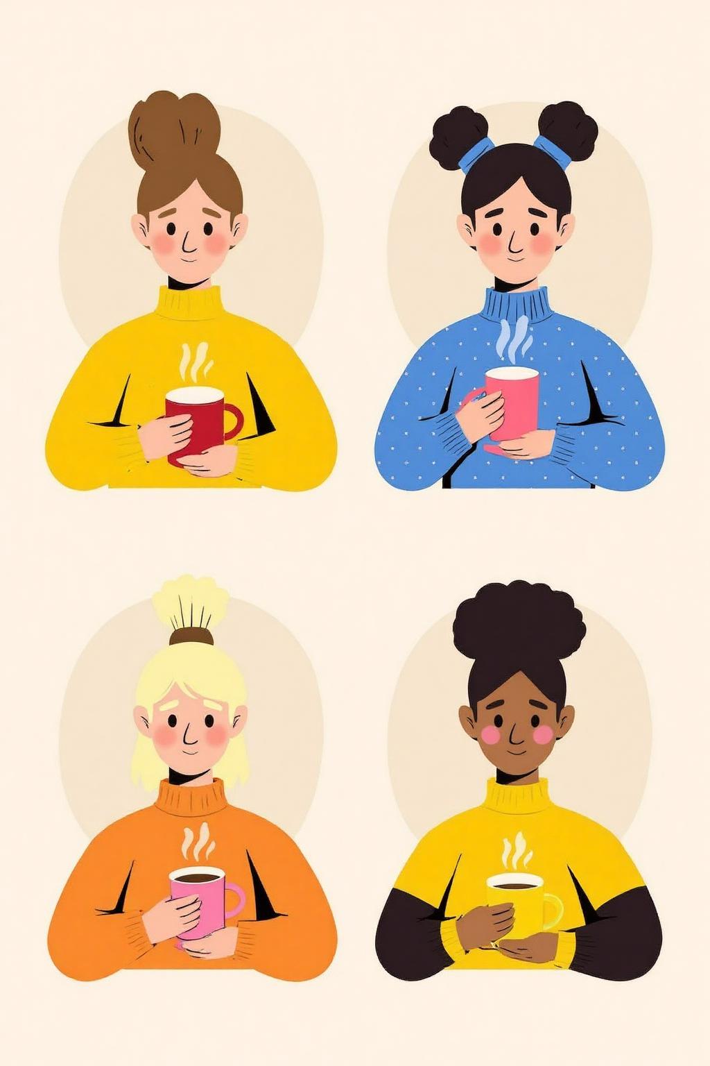 vector art.
Four women with distinct hairstyles, each holding a steaming cup of coffee. The top-left woman has brown hair in a bun, wears a yellow sweater, and holds a red mug. The top-right woman has black hair tied back, wears a blue sweater with white polka dots, and holds a beige mug. The bottom-left woman has blonde hair in two buns, wears an orange sweater, and holds a pink mug. The bottom-right woman has black hair styled in an afro, wears a yellow sweater with black sleeves, and holds a yellow mug.
 <lora:vectorart1_cap_d6a3:1.0><lora:844062302031543733:0>