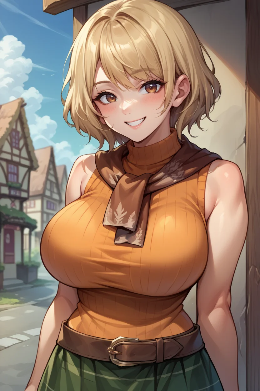 score_9, score_8_up, score_7_up, score_6_up, source_anime BREAK 1girl <lora:ashleygraham-pdxl-nvwls-v1-000005:1> reAshley, brown eyes, bangs, red scarf, orange sweater, sleeveless turtleneck, green miniskirt, belt, pantyhose, (big breasts:0.7), looking at you, smile, upper body, village, rustic, blue sky