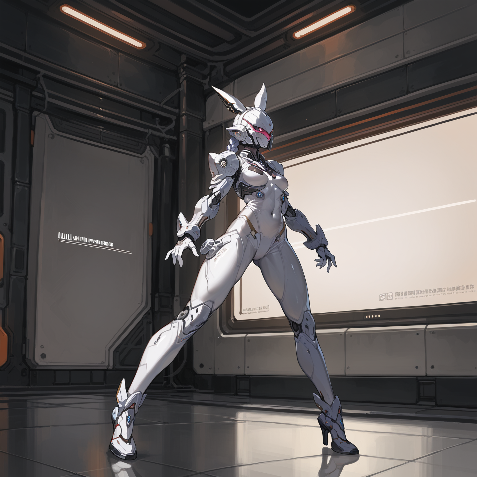 score_9,score_8_up,score_7_up,score_6_up,score_5_up,source_anime,absurdres,Cinematic Lighting,
BREAK 1girl,solo,skinny,toned,perfect anatomy,dynamic pose,<lora:Ultimate_Bunny_Suit:0.8>,UltBunny,android,white bodysuit,helmet,full body,indoors,science fiction,