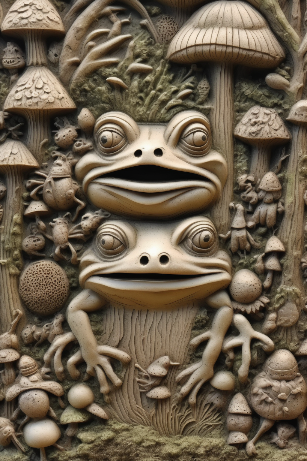 <lora:BAS-RELIEF:1>BAS-RELIEF - insanely detailed and complex ancient carved relief in wood in a forest of the hermit as a frog in moss mold and poisonous fungi covered in insects close up photograph