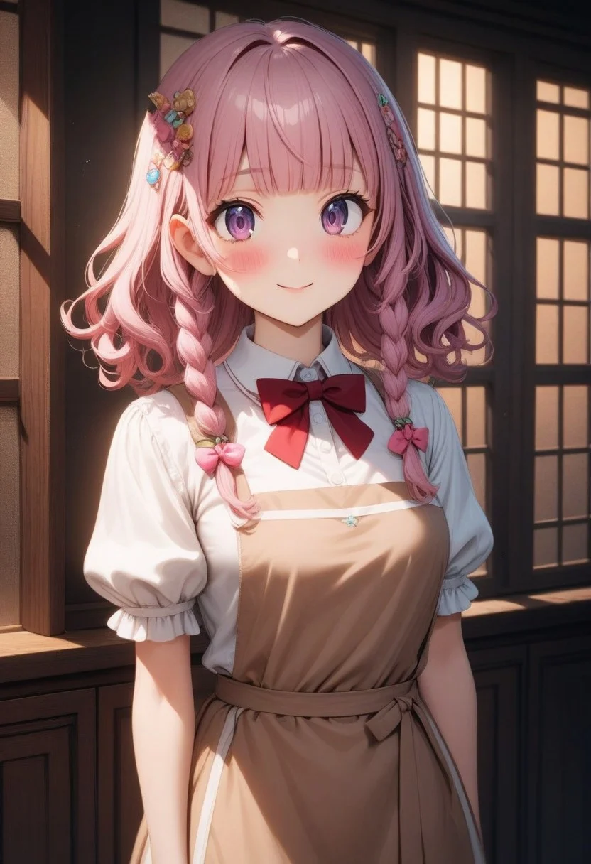 ((masterpiece), (best quality), (ultra-detailed),
illustration, 3DMM,
1girl, solo, pink hair, blunt bangs, curly hair, red bowtie , indoor, puffy sleeves,
white shirt, black pants, brown apron,
Purple eyes,
Indoor, more Candy's,
glossy, delicate frame, angelic appearance,
hair ornament,chiaroscuro shading, perfect body, dim natural light, night, window, soft smile, blushing,
absurdres, cowboy shot,
sharped eyes, sharp focus, angelic appearance, side braids, night, darkness)