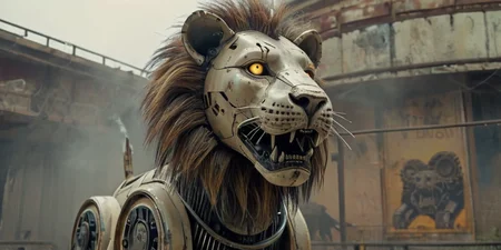 a robot lion in an abandoned dystopian zoo, an automated audience driving by belts and gears scratches and squeaks as it's motors spark and smoke, animatronics, , ral-crztlgls <lora:ral-crztlgls:.3> <lora:Dystopia:.3>