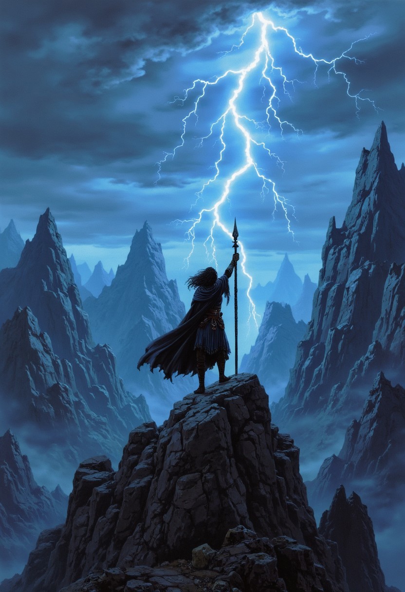 Distant grim dark mountains under stormy night. On top of this mountain, rising his weapon, stands black haired fantasy barbarian. The sky crackles with violent blue lightnings.