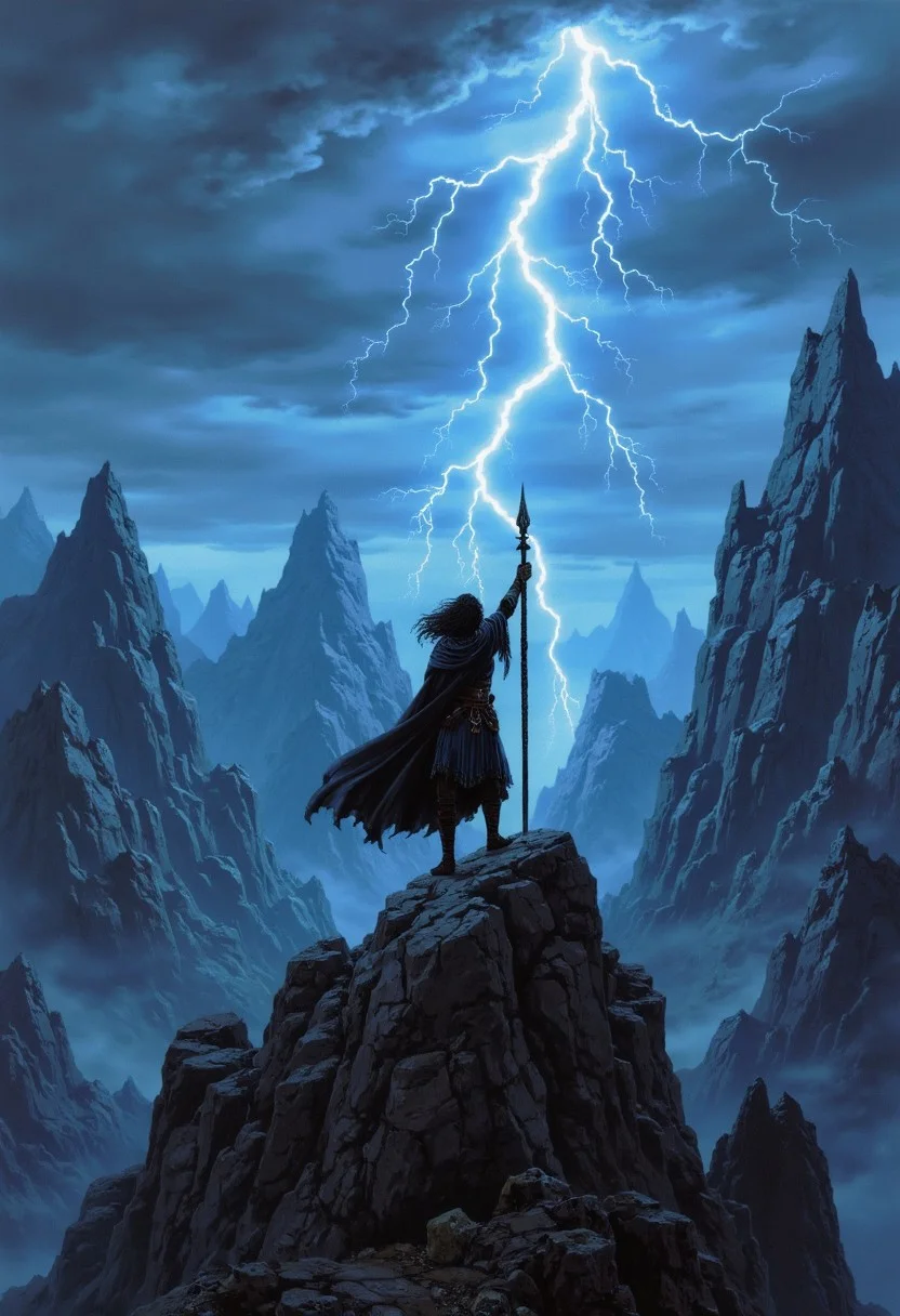 Distant grim dark mountains under stormy night. On top of this mountain, rising his weapon, stands black haired fantasy barbarian. The sky crackles with violent blue lightnings.