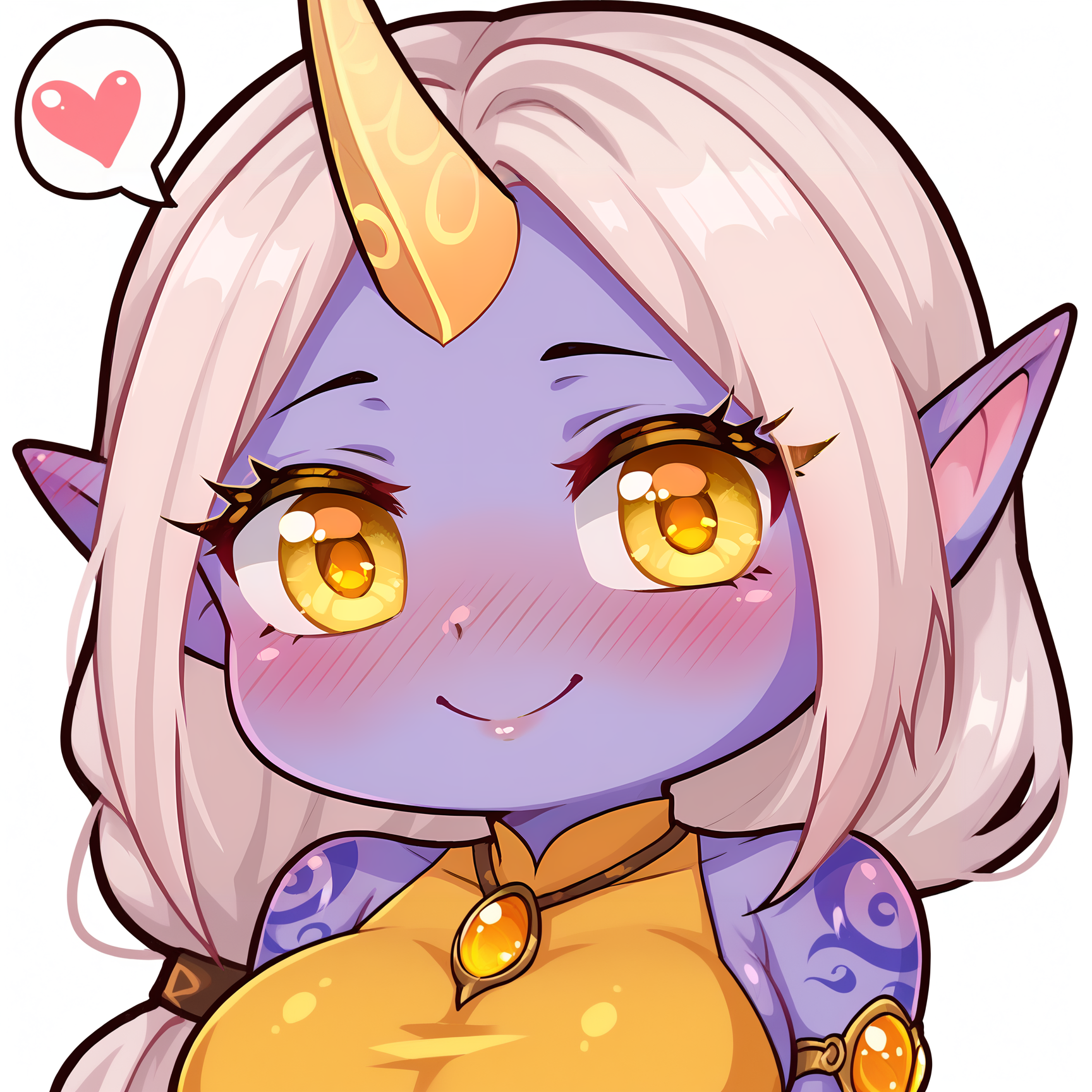 score_9, score_8_up, score_7_up, score_6_up, BREAK, SorakaLoLXLv2, purple skin, colored skin, white hair, long hair, low-tied long hair, sidelocks, yellow eyes, pointy ears, single horn, tattoo, large breasts, bare shoulder, red cropped torso, yellow dress, looking at viewer, seductive smile, spoken heart, nose blush, white background, emote, chibi, upper body, EmoteStylePXL <lora:EmoteStylePXL:1> <lora:SorakaLoLXLv2:0.9>