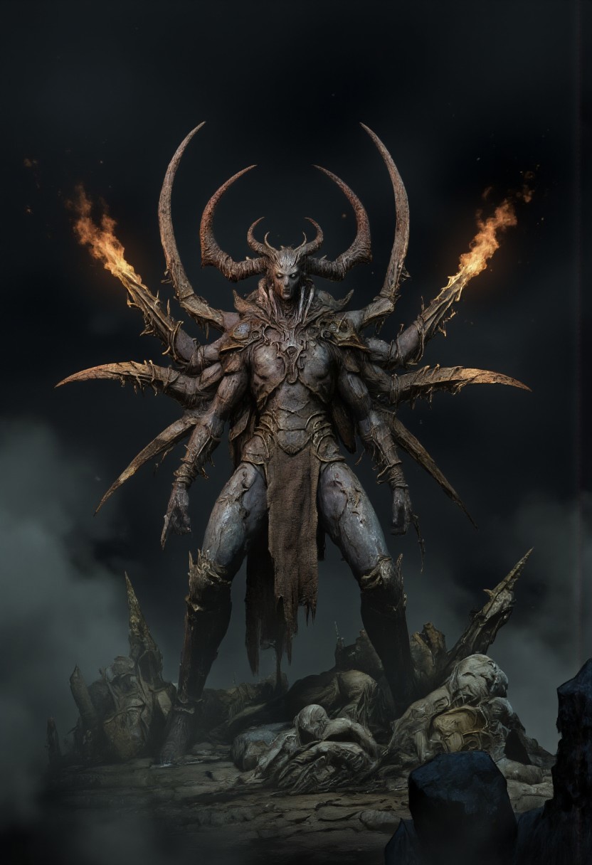 DGC style, MikeFranchinastyle, ghiblistyle, hkevil, berserk style, Surreal art, d4artstyle, d4concept, , bbstyle,, horror theme,, zbrush, ZBClay model of a gray sculpture
Set against a solid dark color background to emphasize its unnatural form and grotesque eerie and unsettling anatomy that emphasizes its silhouette. The medium is not a traditional painting or illustrative medium like watercolor or ink but rather a digital 3D rendering.
A colossal, multi-armed humanoid creature, standing as a figure of dread and destruction. Its grotesque, muscular body is twisted and covered in charred, shadowed textures that appear to smolder from within. Six elongated arms sprout from its back, each brandishing a flaming, jagged sword that burns with an unnatural white-hot fire, casting piercing illumination against the dark, smoky surroundings. Its face is a void of writhing darkness, obscuring all features except faint glimpses of glowing cracks resembling eyes. The creature's feet end in gnarled claws, digging deep into the cracked, ash-ridden earth, sending wisps of embers into the air. Surrounding it, thick fog and rising smoke swirl ominously, as the fiery blades carve faint trails of molten light through the suffocating gloom. Focus on fine details, intense lighting effects, and a dark, apocalyptic atmosphere.