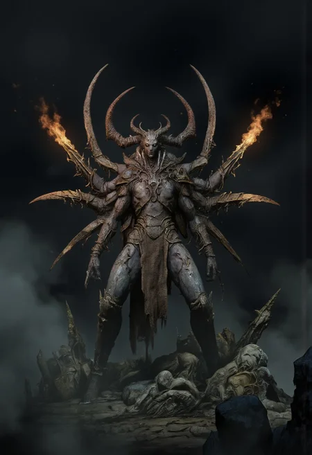 DGC style, MikeFranchinastyle, ghiblistyle, hkevil, berserk style, Surreal art, d4artstyle, d4concept, , bbstyle,, horror theme,, zbrush, ZBClay model of a gray sculpture
Set against a solid dark color background to emphasize its unnatural form and grotesque eerie and unsettling anatomy that emphasizes its silhouette. The medium is not a traditional painting or illustrative medium like watercolor or ink but rather a digital 3D rendering.
A colossal, multi-armed humanoid creature, standing as a figure of dread and destruction. Its grotesque, muscular body is twisted and covered in charred, shadowed textures that appear to smolder from within. Six elongated arms sprout from its back, each brandishing a flaming, jagged sword that burns with an unnatural white-hot fire, casting piercing illumination against the dark, smoky surroundings. Its face is a void of writhing darkness, obscuring all features except faint glimpses of glowing cracks resembling eyes. The creature's feet end in gnarled claws, digging deep into the cracked, ash-ridden earth, sending wisps of embers into the air. Surrounding it, thick fog and rising smoke swirl ominously, as the fiery blades carve faint trails of molten light through the suffocating gloom. Focus on fine details, intense lighting effects, and a dark, apocalyptic atmosphere.