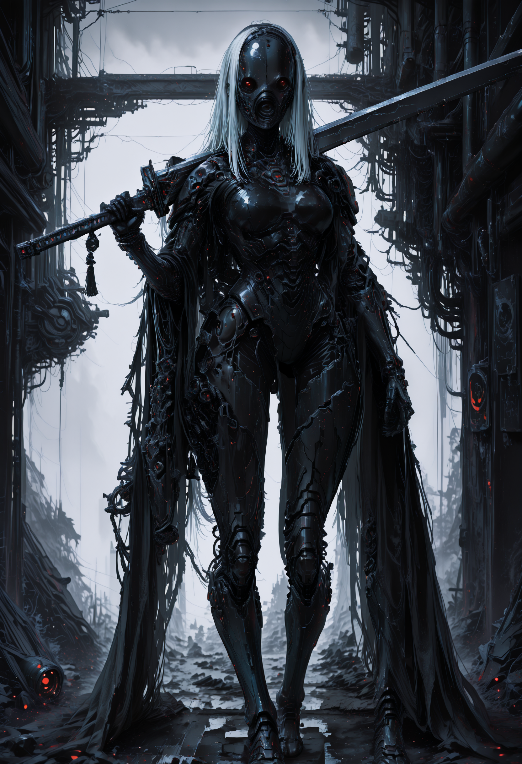 4ki4k4ne_illu,, r17329_illu,, mcnm,, XUER guangying masterpiece, best quality, good quality, very aesthetic, absurdres, newest, 8K, depth of field, focused subject, in the style of cksc, whimsical ghostly woman hkbeauty,   Title: "Lone Guardian in the Wasteland"  Art Style: Cyberpunk aesthetic, focusing on high-tech, dystopian elements and a gritty, industrial feel.  Subject Pose: The subject, a futuristic armored figure, is standing tall with a slight bend at the knees, as if ready for action. The arms are extended slightly, holding a large, technologically advanced weapon. The flowing cape billows dramatically behind the figure.  Visual Elements: The subject is clad in a sleek, dark, and metallic armor, adorned with various mechanical components. A cross emblem is prominently displayed on the chest. The figure's face remains hidden beneath a helmet, adding to the mystery of the character.  The background reveals a dilapidated structure with signs of wear and tear, evidence of abandonment or neglect. Scattered debris litters the ground, and an overcast sky hangs overhead, adding to the desolate atmosphere.  Colorscheme: The color palette is dominated by shades of gray, black, and silver. Occasional pops of white can be seen from the cross emblem on the armor. The setting sun casts long, dramatic shadows across the scene, adding depth and dimension to the image.  Composition Style: The rule of thirds is employed here, with the armored figure positioned along one of the gridlines. Leading lines are created by the jagged edges of the industrial structures and the flowing cape behind the subject. A sense of symmetry is achieved through the mirroring of the dilapidated structure in the background.  Lighting: The primary light source is a setting sun, casting long, dramatic shadows across the scene. Highlights can be seen on the metallic armor and the technologically advanced weapon, adding contrast to the overall gray and black tones of the image. The overcast sky contributes to the desolate, dystopian atmosphere. 1girl, solo, long_hair, breasts, holding, full_body, white_hair, weapon, sword, holding_weapon, armor, mask, bodysuit, holding_sword, science_fiction, walking, over_shoulder, cyborg, weapon_over_shoulder, cyberpunk, <lora:Akiakane  Shiiro's Styles:0.9> <lora:R754496  Shiiro's Styles  Niji:0.6> <lora:Mechanism-Illustious:0.8> <lora:ç»ªå¿ åæ¶æå¾åå½±è´¨æå¢å¼ºV3:0.4> <lora:rdtdrp:0.8>