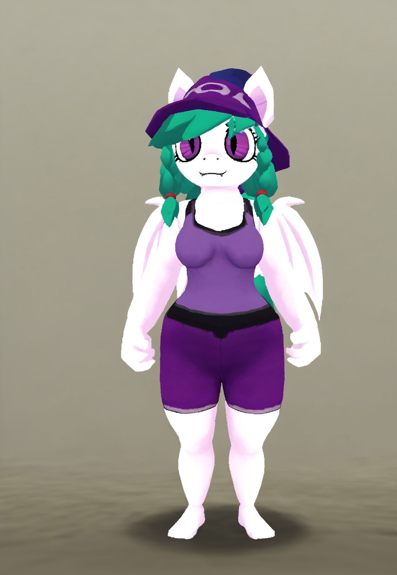 safe_pos, score_9, score_8_up, score_7_up, score_6_up, score_5_up, score_4_up, 3d, solo, atlyssstyle, low poly, plantigrade anthro, pony, my little pony, bat pony, pony face, pony ears, white wings, white body, (green hair), (purple baseball cap), braided hair, (short hair), (twin braids), purple hair ties, purple eyes, (slited eyes), purple tank top, purple shorts, medium breasts, front view, direct view, full body, mature, 30 years old, perfect, perfection, fullbody, feet, detailed feet, detailed toes, best quality, masterpiece, highly detailed, fine details, detailed digital art,