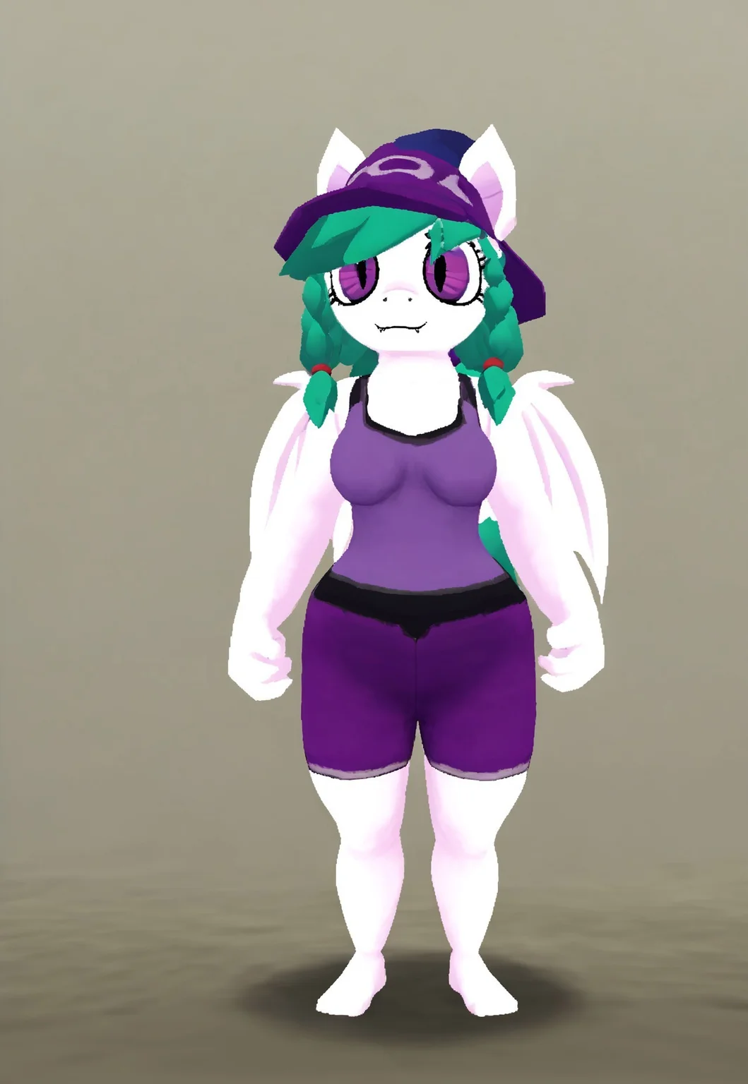 safe_pos, score_9, score_8_up, score_7_up, score_6_up, score_5_up, score_4_up, 3d, solo, atlyssstyle, low poly, plantigrade anthro, pony, my little pony, bat pony, pony face, pony ears, white wings, white body, (green hair), (purple baseball cap), braided hair, (short hair), (twin braids), purple hair ties, purple eyes, (slited eyes), purple tank top, purple shorts, medium breasts, front view, direct view, full body, mature, 30 years old, perfect, perfection, fullbody, feet, detailed feet, detailed toes, best quality, masterpiece, highly detailed, fine details, detailed digital art,