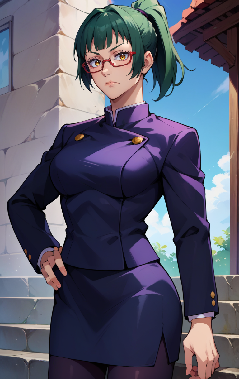 score_9, score_8_up, score_7_up, score_9, source_anime, BREAK   <lora:MakizeninSDXL:0.9> MakizeninSDXL, 1girl, solo, long hair, breasts, looking at viewer, bangs, skirt, green hair, golden eyes, long sleeves,  closed mouth, school uniform, jacket, short ponytail, glasses, black jacket, hand on hip, high ponytail,red-framed eyewear, over shoulder, black pantyhose
