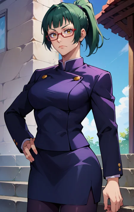 score_9, score_8_up, score_7_up, score_9, source_anime, BREAK <lora:MakizeninSDXL:0.9> MakizeninSDXL, 1girl, solo, long hair, breasts, looking at viewer, bangs, skirt, green hair, golden eyes, long sleeves, closed mouth, school uniform, jacket, short ponytail, glasses, black jacket, hand on hip, high ponytail,red-framed eyewear, over shoulder, black pantyhose
