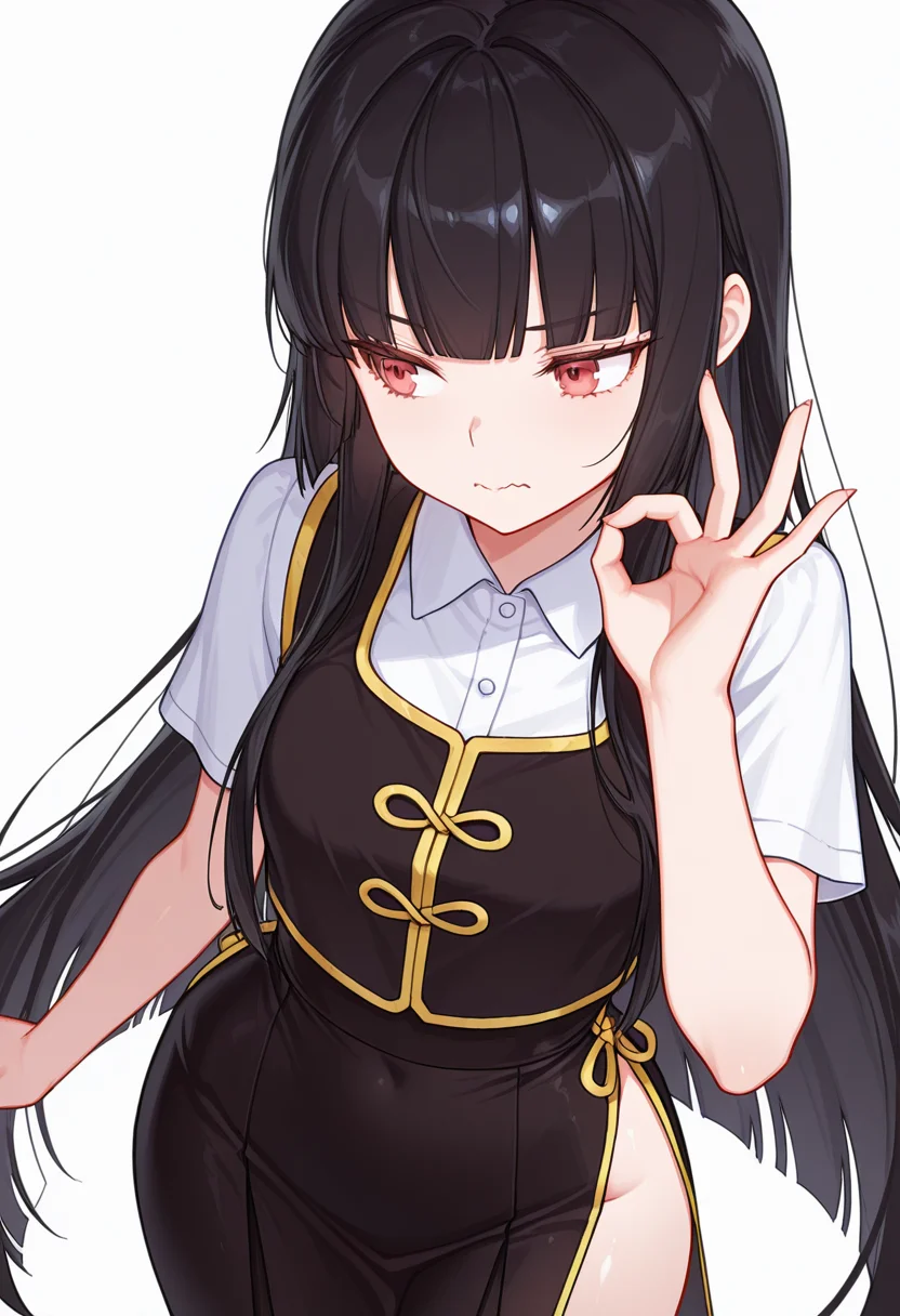 Smooth Quality,masterpiece,very intricate, high quality details, ultra realistic, high detailed skin,detailed enviorement,absurdres,
ok sign ,
<lora:Atre_CNR:0.8> atre_cnr, 1girl, black hair, very long hair,blunt bangs, red eyes,, simple background, white background, from above,solo,, wavy mouth,, button-up vest, ,cheongsam top, ,wrap skirt, ,