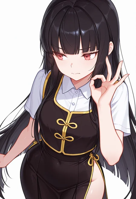 Smooth Quality,masterpiece,very intricate, high quality details, ultra realistic, high detailed skin,detailed enviorement,absurdres,
ok sign ,
<lora:Atre_CNR:0.8> atre_cnr, 1girl, black hair, very long hair,blunt bangs, red eyes,, simple background, white background, from above,solo,, wavy mouth,, button-up vest, ,cheongsam top, ,wrap skirt, ,